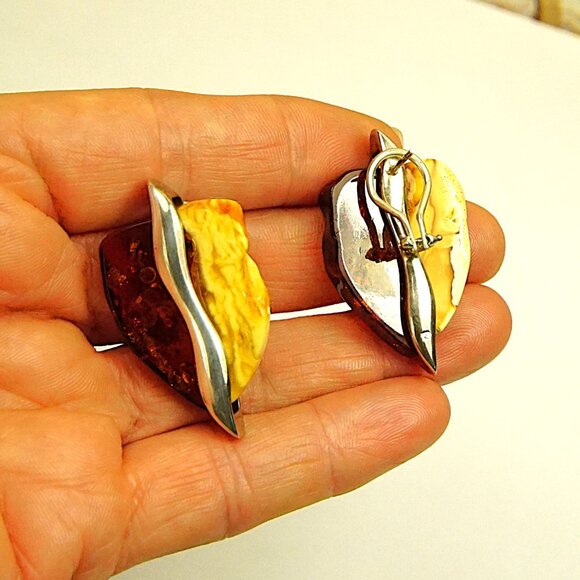 Big Amber & 925 Silver Omega Earrings - Made In Poland Rare Jewelry Her Gift - Picture 5 of 16